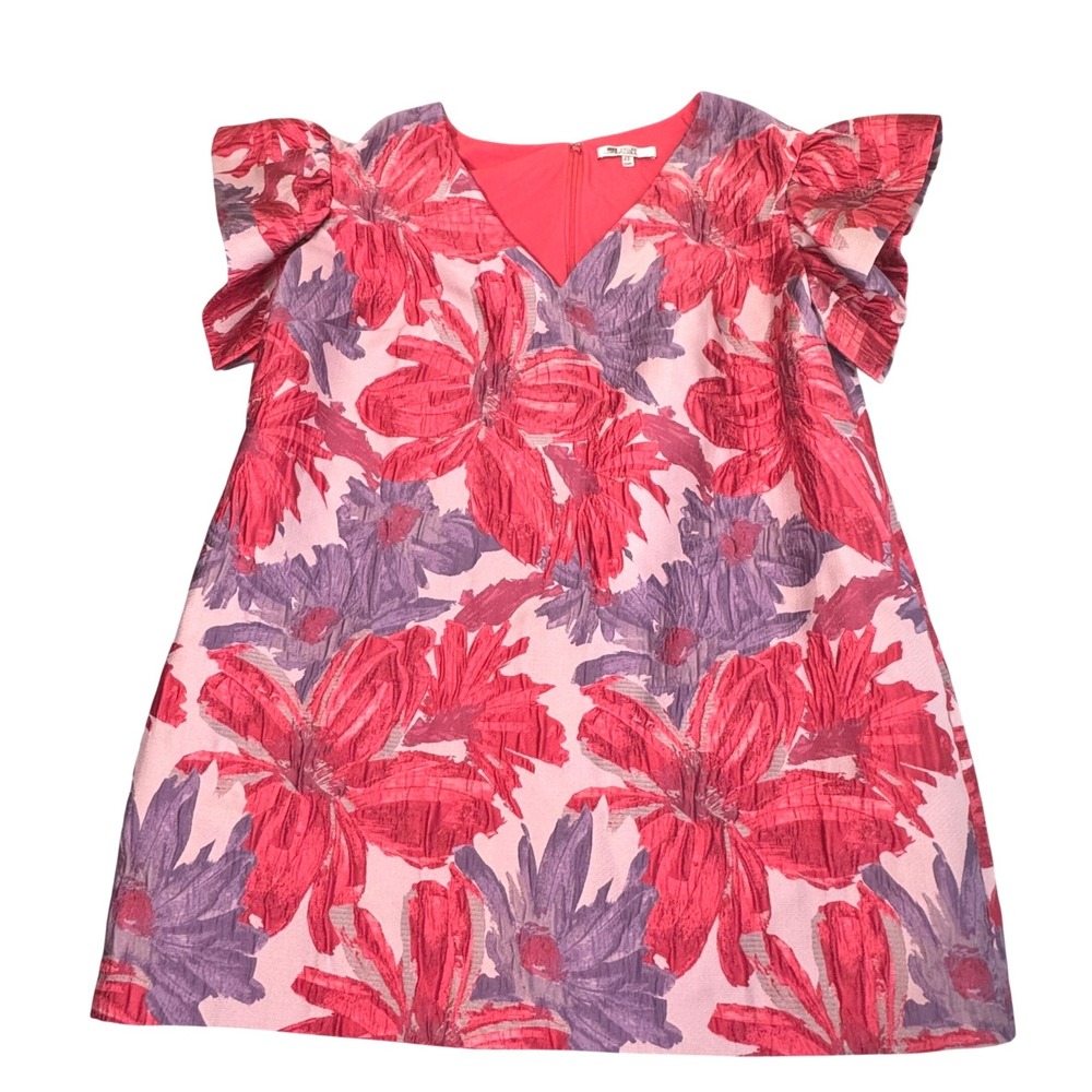 Badgley Mischka Floral Jacquard Dress Women 22 Ruffle Sleeve V-Neck Pink Purple
